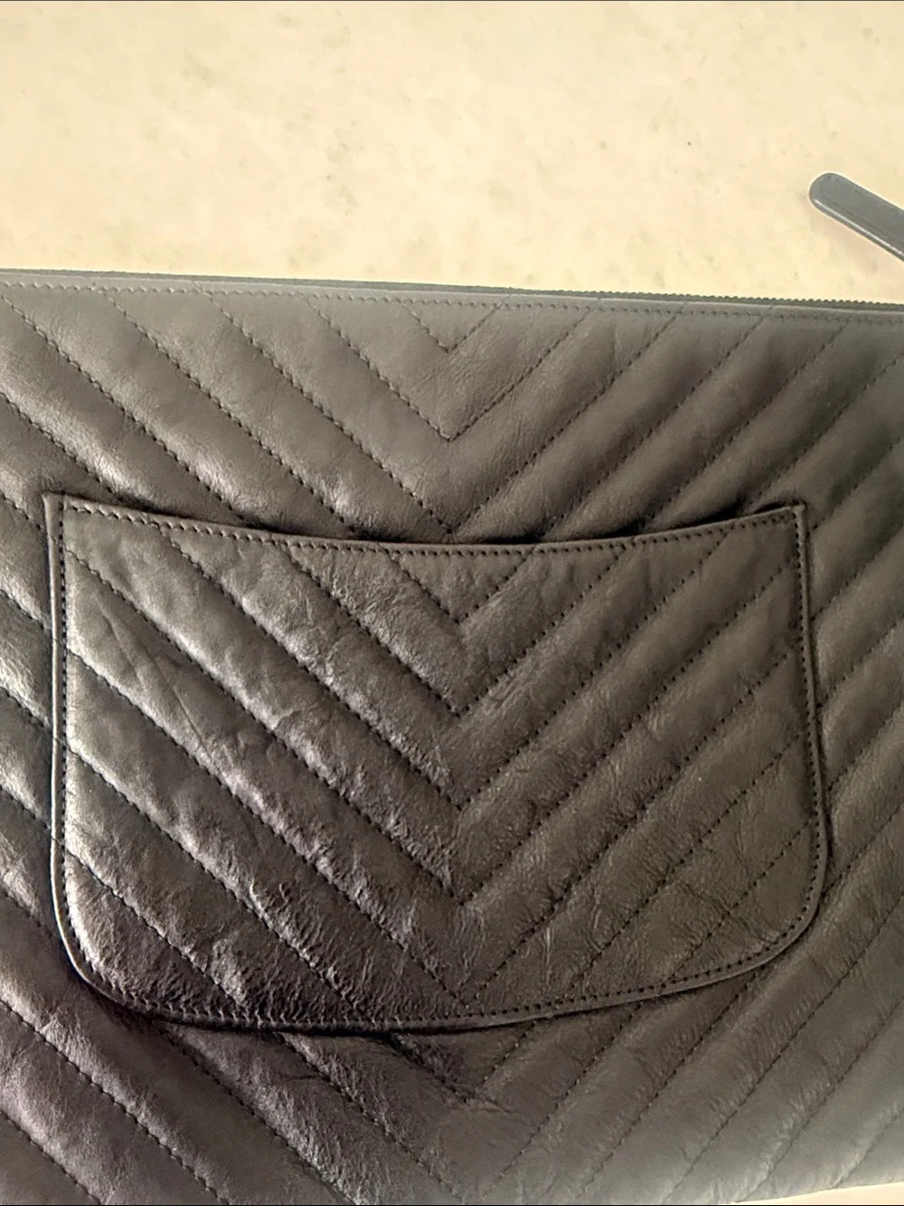 CHANEL Black Chevron Quilted Leather Zip Pouch with Gold CC